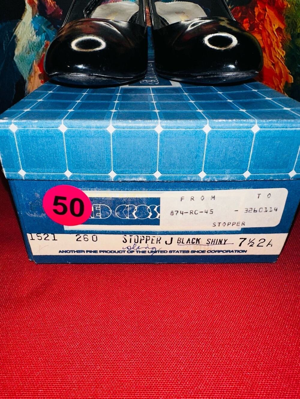 No.50 Vintage Red Cross Shoes Stopper J Black Shiny Slingback Heels Size 7.5AA